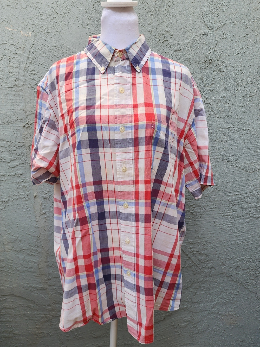 Chaps Sun Drenched Poplin Plaid Shirt Size L Red White Blue Short Sleeve